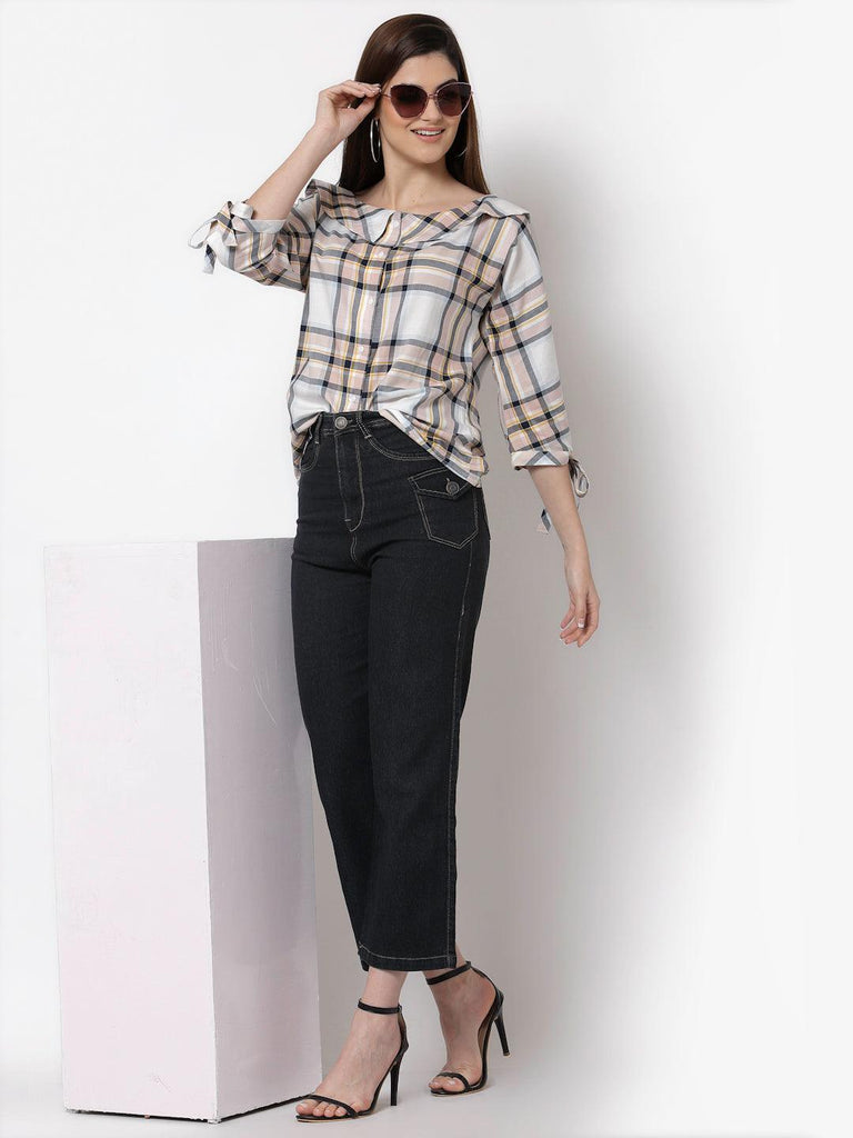 Style Quotient Women Off White Classic Tartan Checks Checked Casual Shirt-Shirts-StyleQuotient