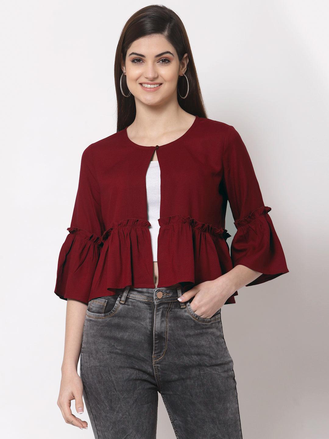 Style Quotient Women Maroon Solid Open Front Crop Shrug-Shrug-StyleQuotient