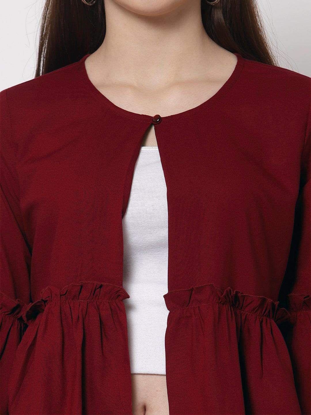 Style Quotient Women Maroon Solid Open Front Crop Shrug-Shrug-StyleQuotient