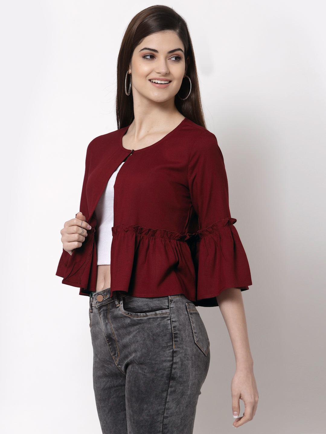 Style Quotient Women Maroon Solid Open Front Crop Shrug-Shrug-StyleQuotient