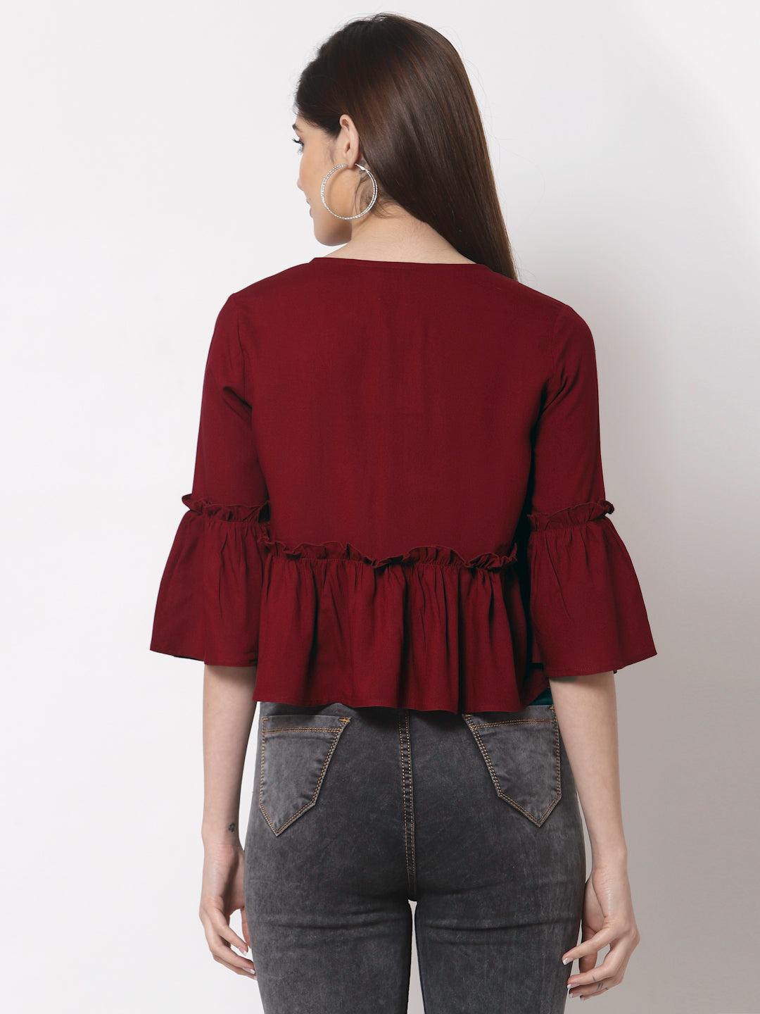 Style Quotient Women Maroon Solid Open Front Crop Shrug-Shrug-StyleQuotient