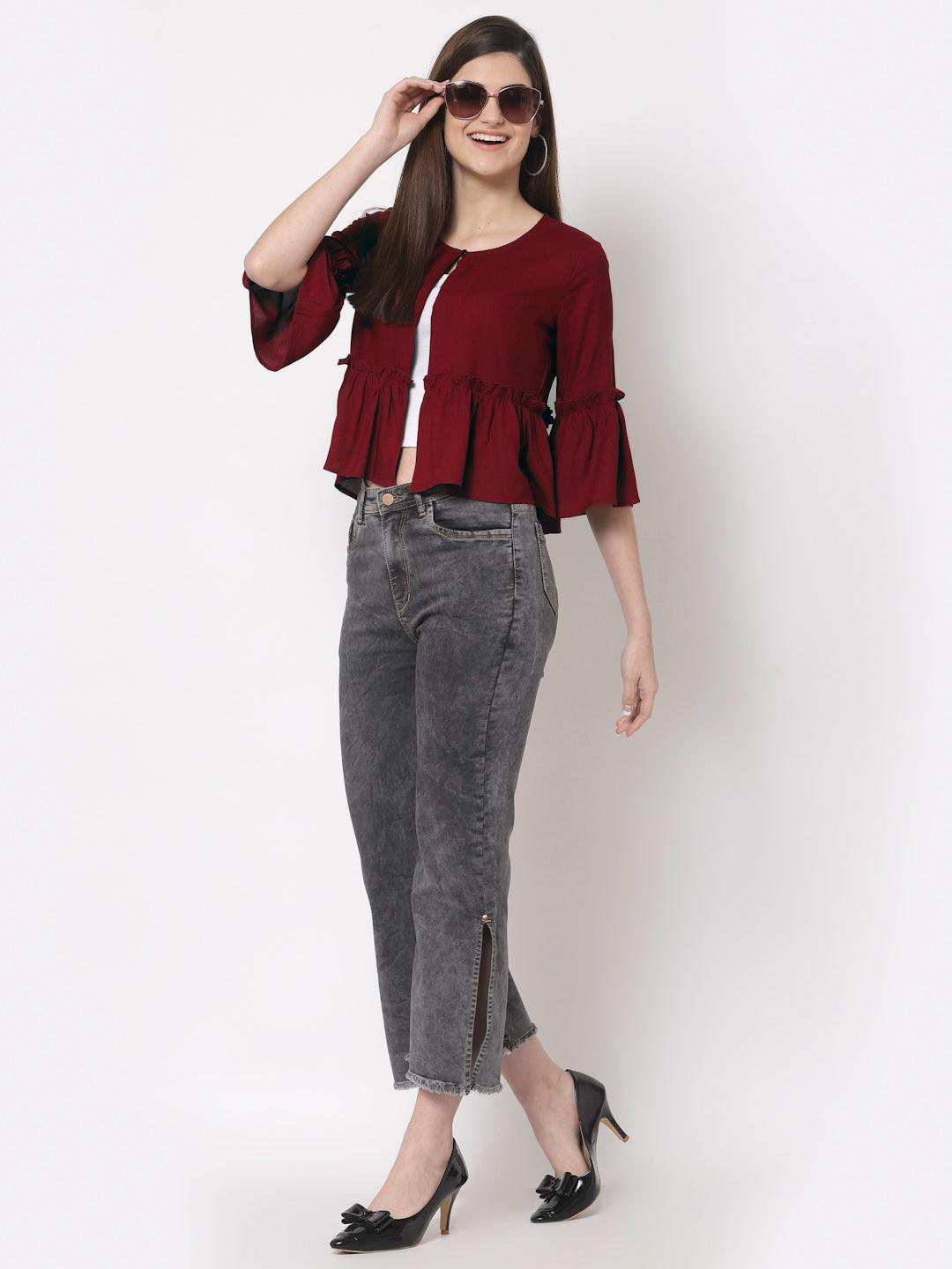 Style Quotient Women Maroon Solid Open Front Crop Shrug-Shrug-StyleQuotient