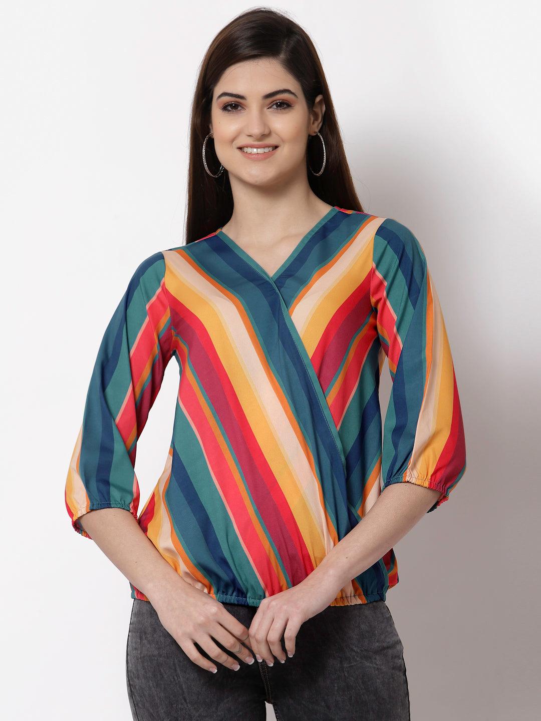 Style Quotient Multicoloured Striped Crepe Wrap Top-Tops-StyleQuotient