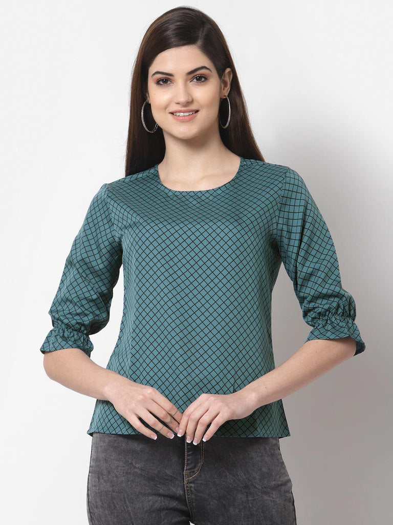 Style Quotient Women Teal And Black Geometric Printed Polyester Smart Casual Top-Tops-StyleQuotient