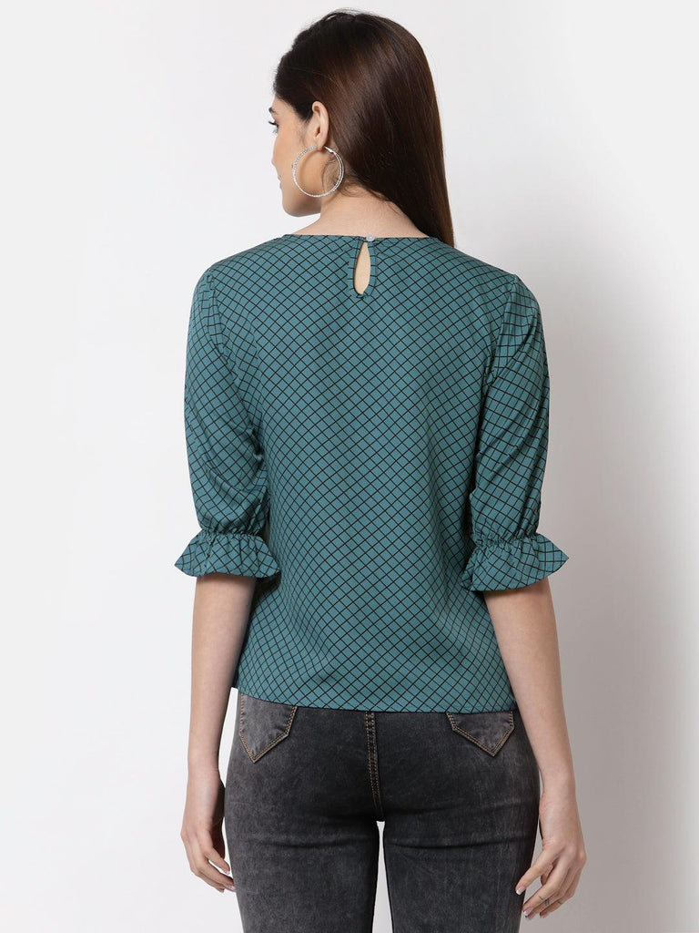 Style Quotient Women Teal And Black Geometric Printed Polyester Smart Casual Top-Tops-StyleQuotient
