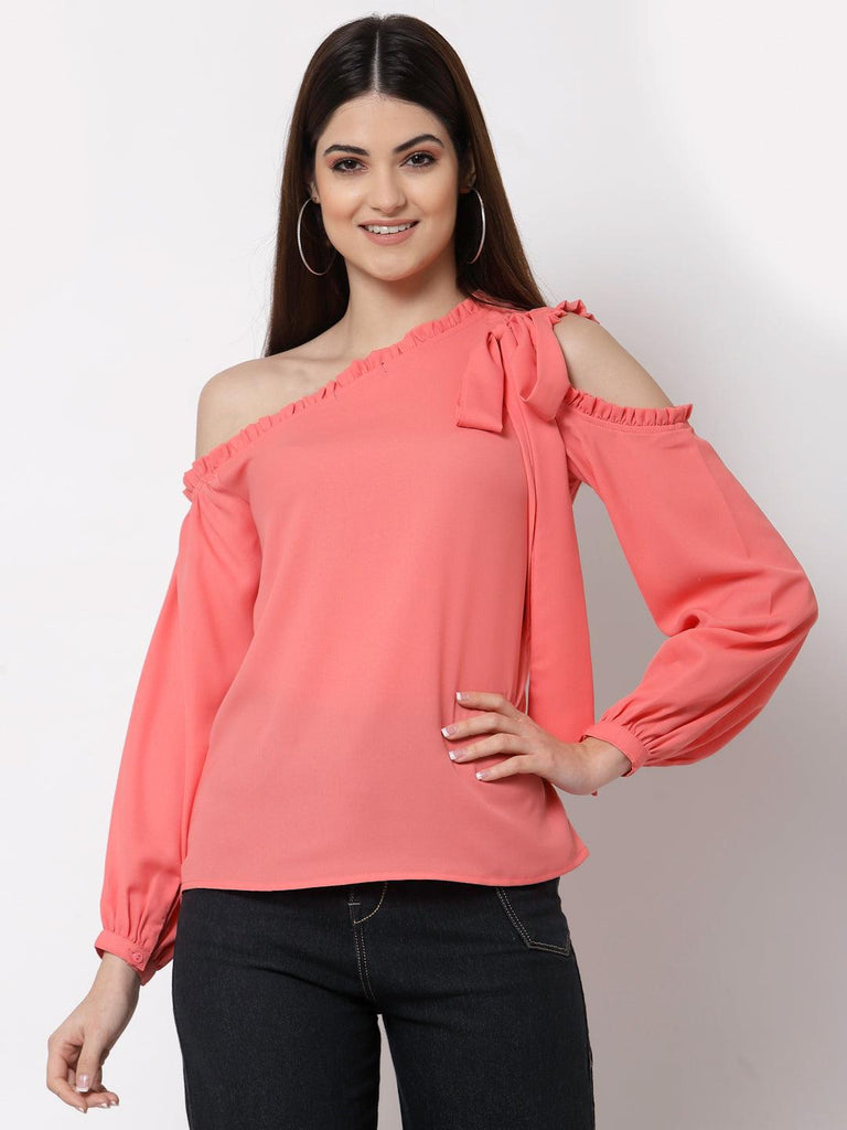 Style Quotient Coral One Shoulder Crepe Top-Tops-StyleQuotient