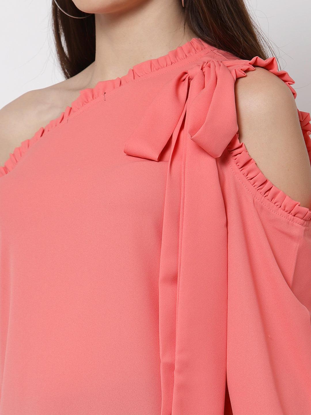 Style Quotient Coral One Shoulder Crepe Top-Tops-StyleQuotient