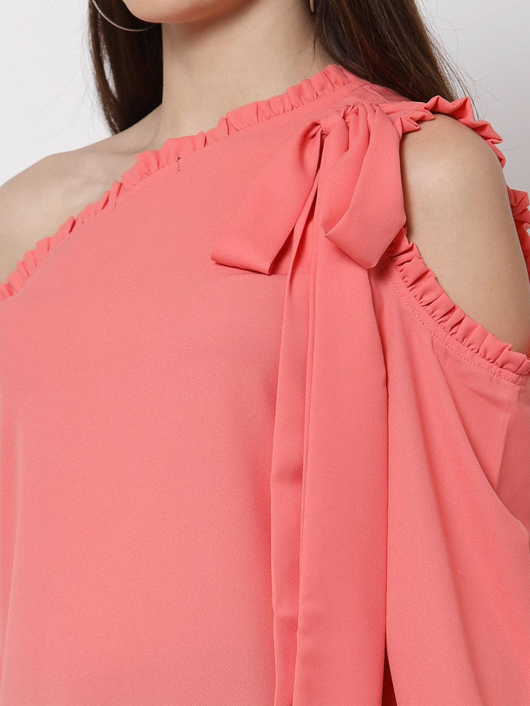 Style Quotient Coral One Shoulder Crepe Top-Tops-StyleQuotient