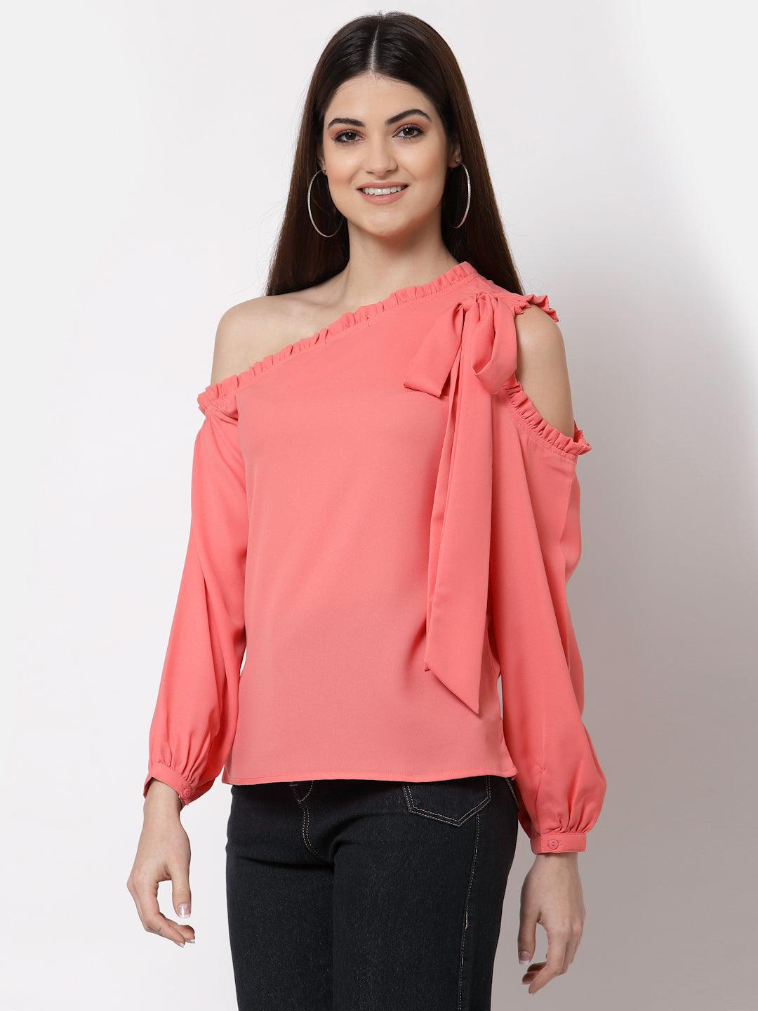 Style Quotient Coral One Shoulder Crepe Top-Tops-StyleQuotient