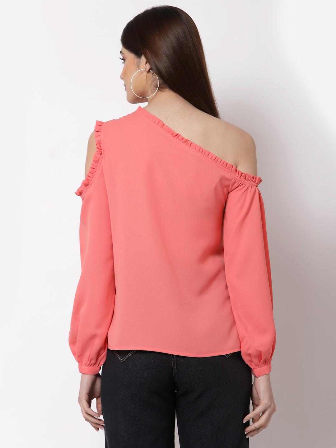 Style Quotient Coral One Shoulder Crepe Top-Tops-StyleQuotient