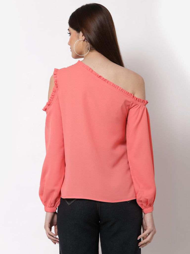 Style Quotient Coral One Shoulder Crepe Top-Tops-StyleQuotient