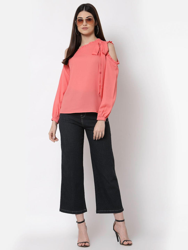 Style Quotient Coral One Shoulder Crepe Top-Tops-StyleQuotient