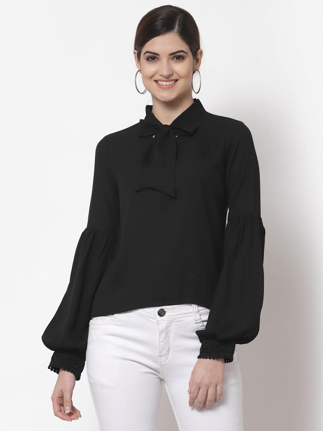 Style Quotient Black Tie-Up Neck Bishop Sleeves Crepe Top-Tops-StyleQuotient