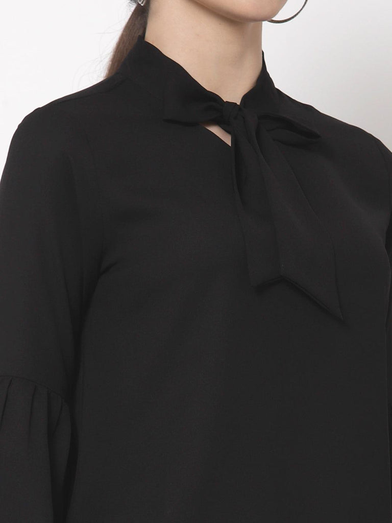 Style Quotient Black Tie-Up Neck Bishop Sleeves Crepe Top-Tops-StyleQuotient