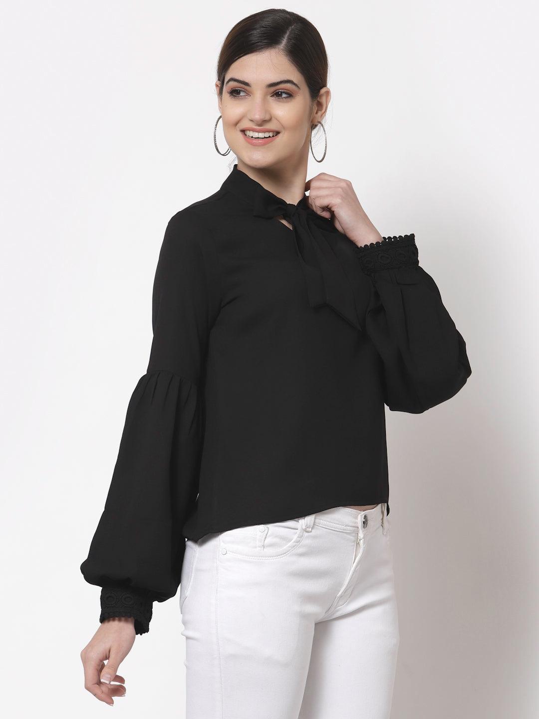 Style Quotient Black Tie-Up Neck Bishop Sleeves Crepe Top-Tops-StyleQuotient