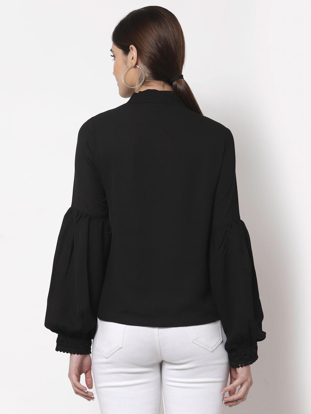 Style Quotient Black Tie-Up Neck Bishop Sleeves Crepe Top-Tops-StyleQuotient