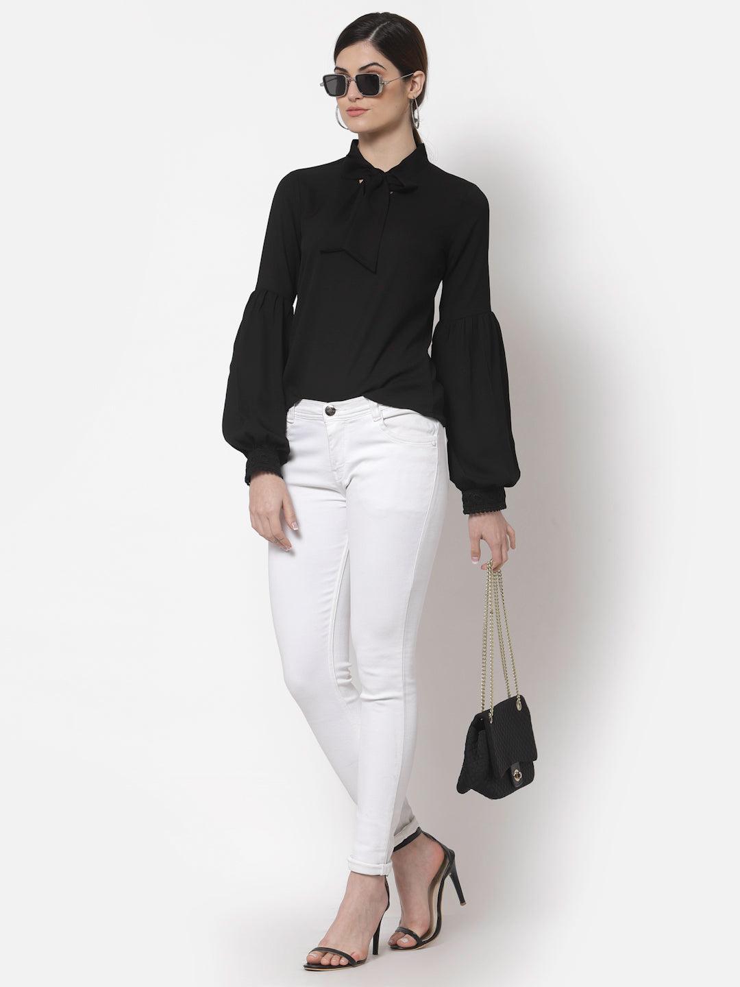 Style Quotient Black Tie-Up Neck Bishop Sleeves Crepe Top-Tops-StyleQuotient