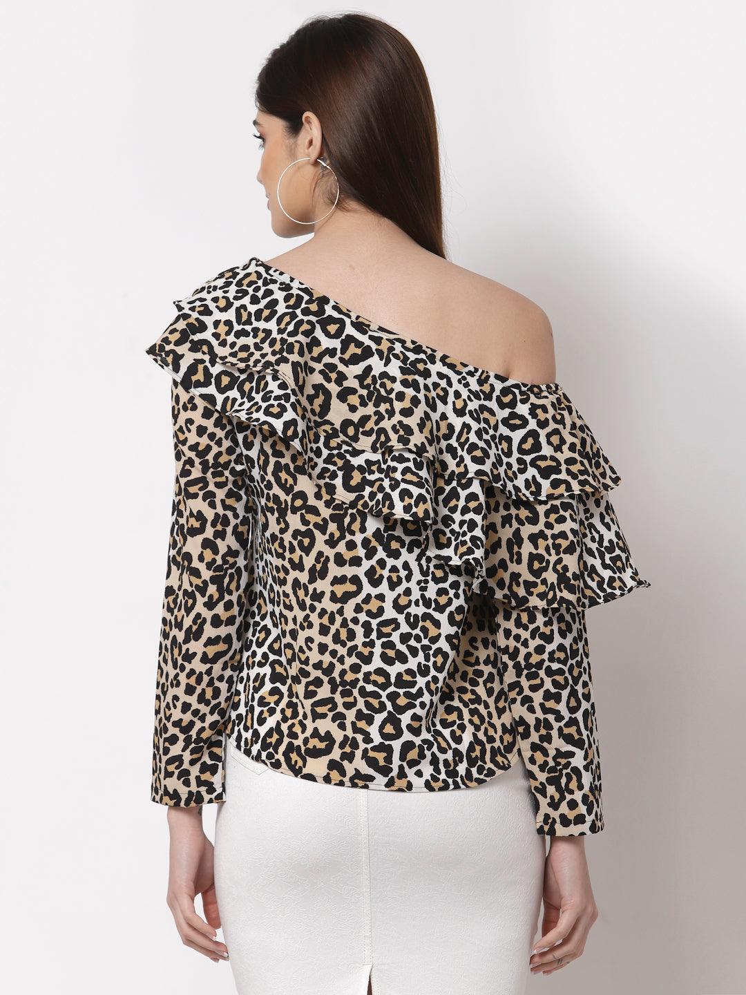 Style Quotient Beige Animal Print One Shoulder Crepe Top-Tops-StyleQuotient