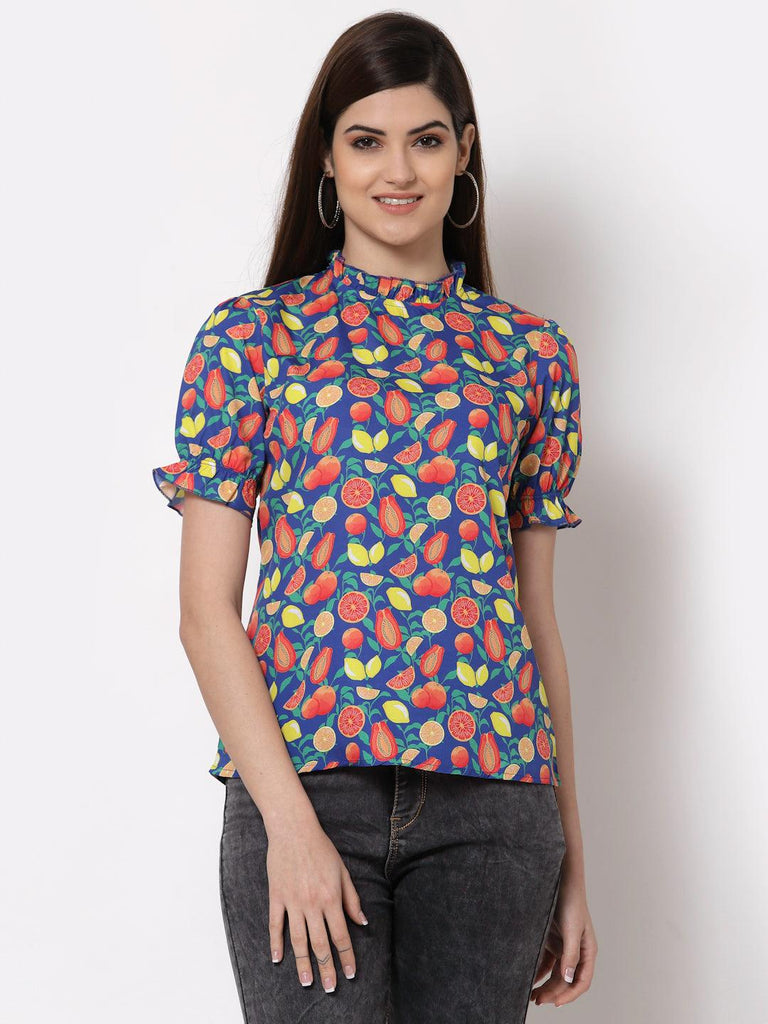 Style Quotient Blue Geometric Print Crepe Top-Tops-StyleQuotient