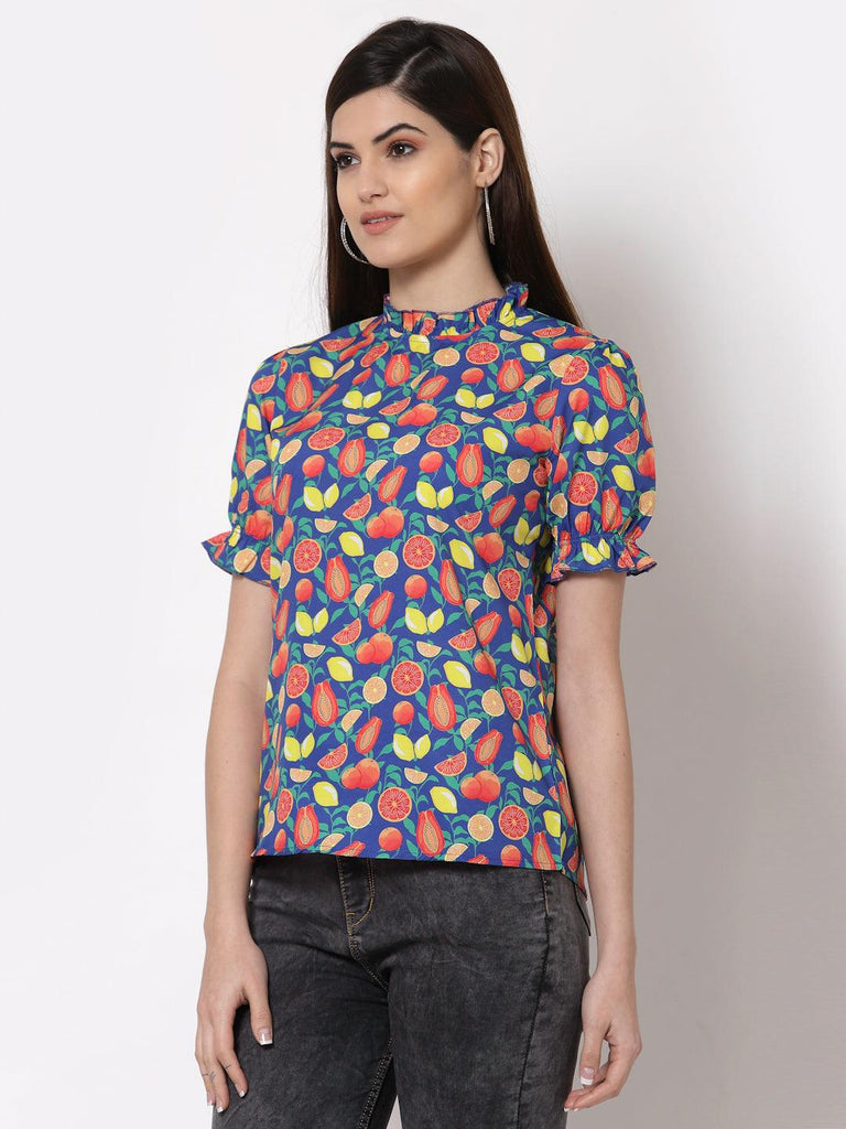 Style Quotient Blue Geometric Print Crepe Top-Tops-StyleQuotient