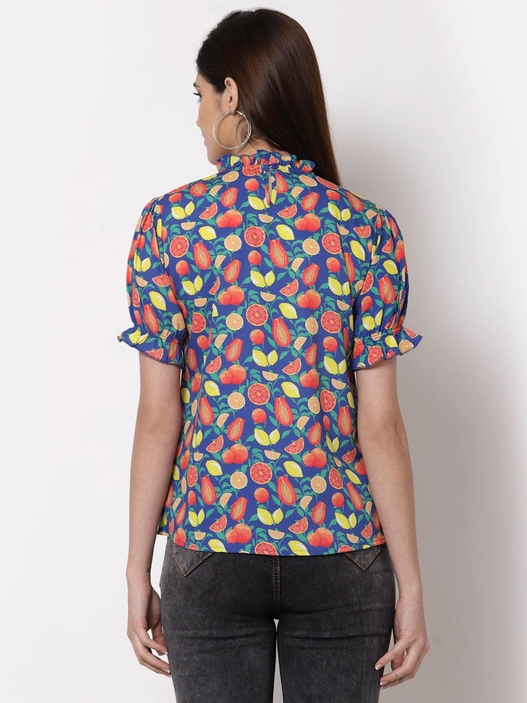 Style Quotient Blue Geometric Print Crepe Top-Tops-StyleQuotient