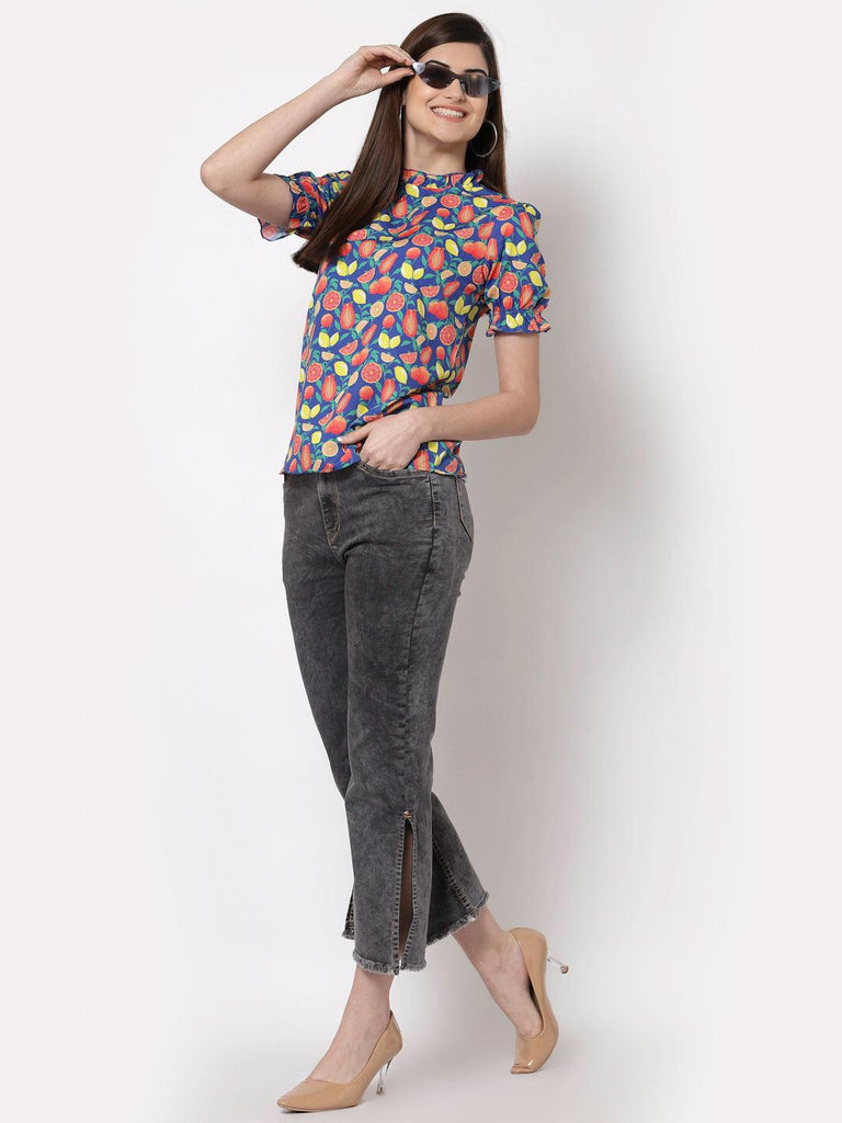 Style Quotient Blue Geometric Print Crepe Top-Tops-StyleQuotient