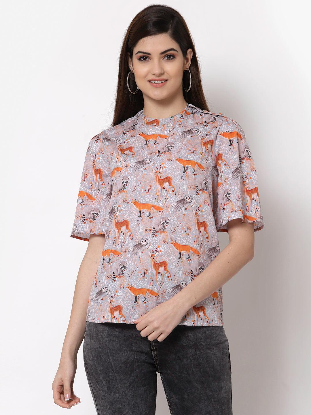 Style Quotient Grey Floral Print Crepe Top-Tops-StyleQuotient