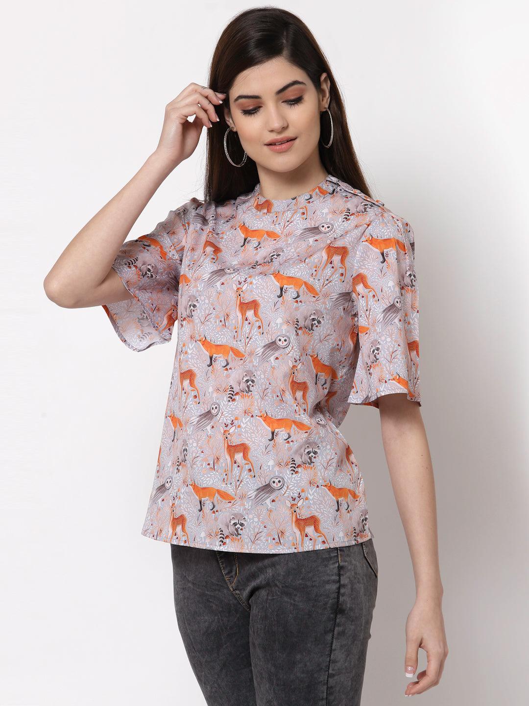 Style Quotient Grey Floral Print Crepe Top-Tops-StyleQuotient