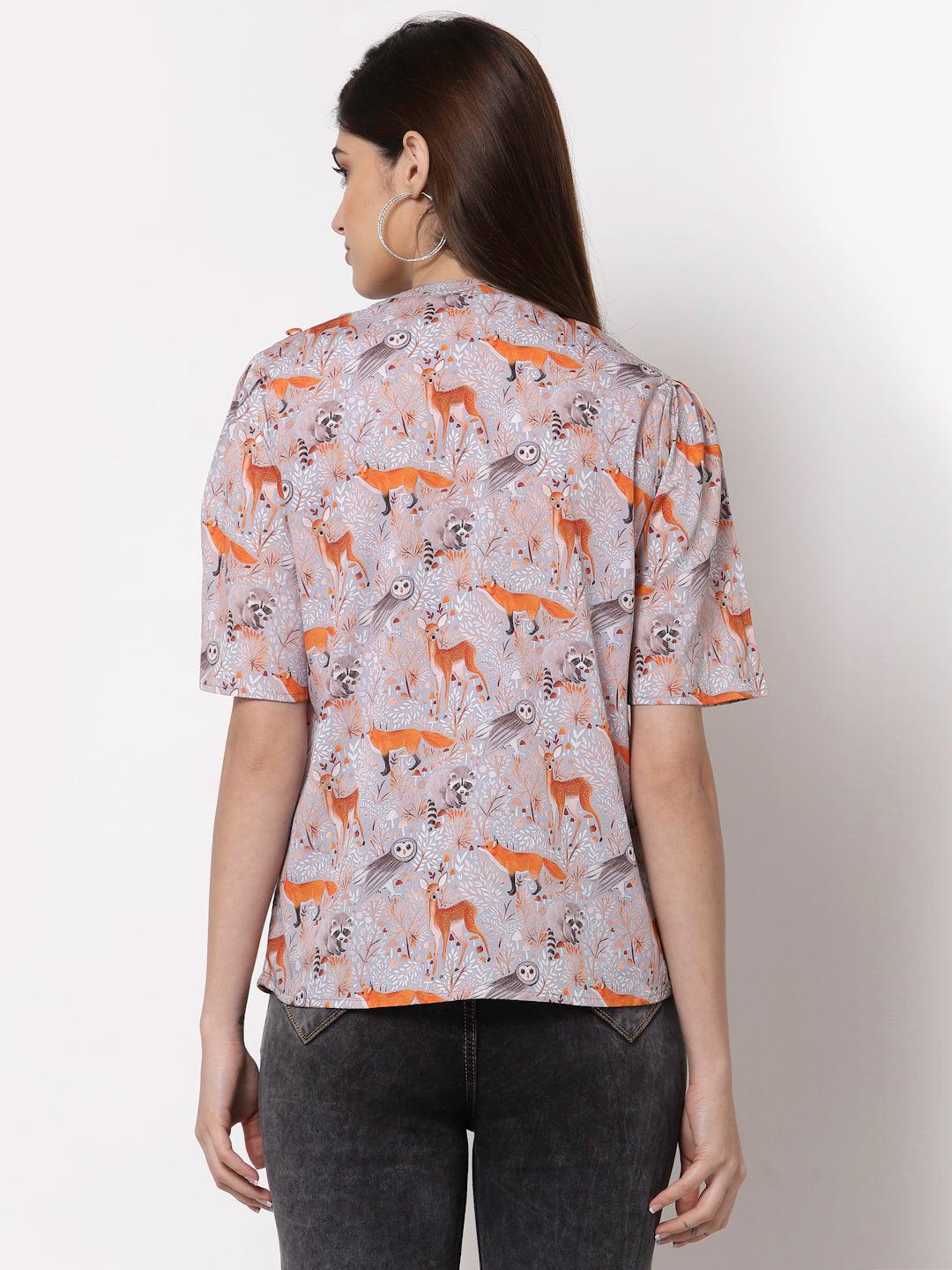 Style Quotient Grey Floral Print Crepe Top-Tops-StyleQuotient