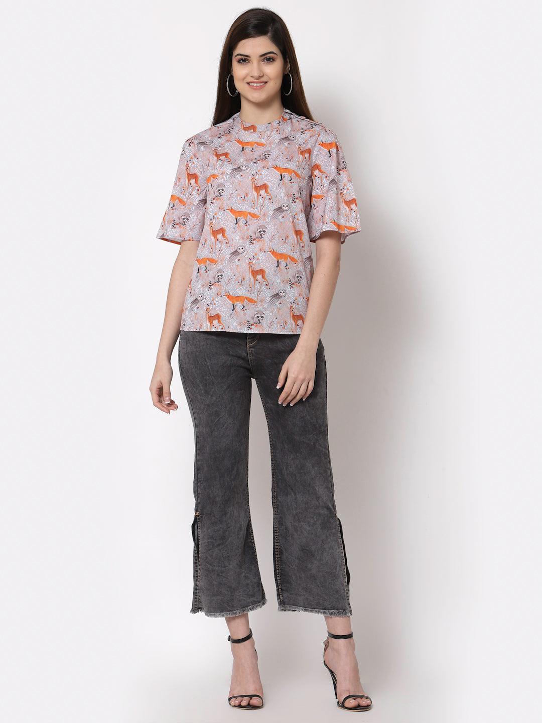 Style Quotient Grey Floral Print Crepe Top-Tops-StyleQuotient