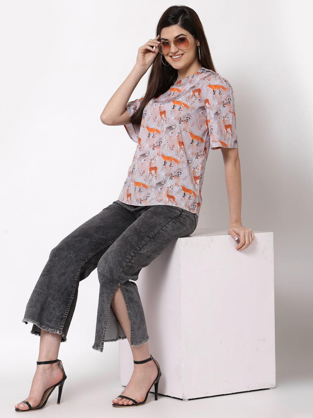 Style Quotient Grey Floral Print Crepe Top-Tops-StyleQuotient