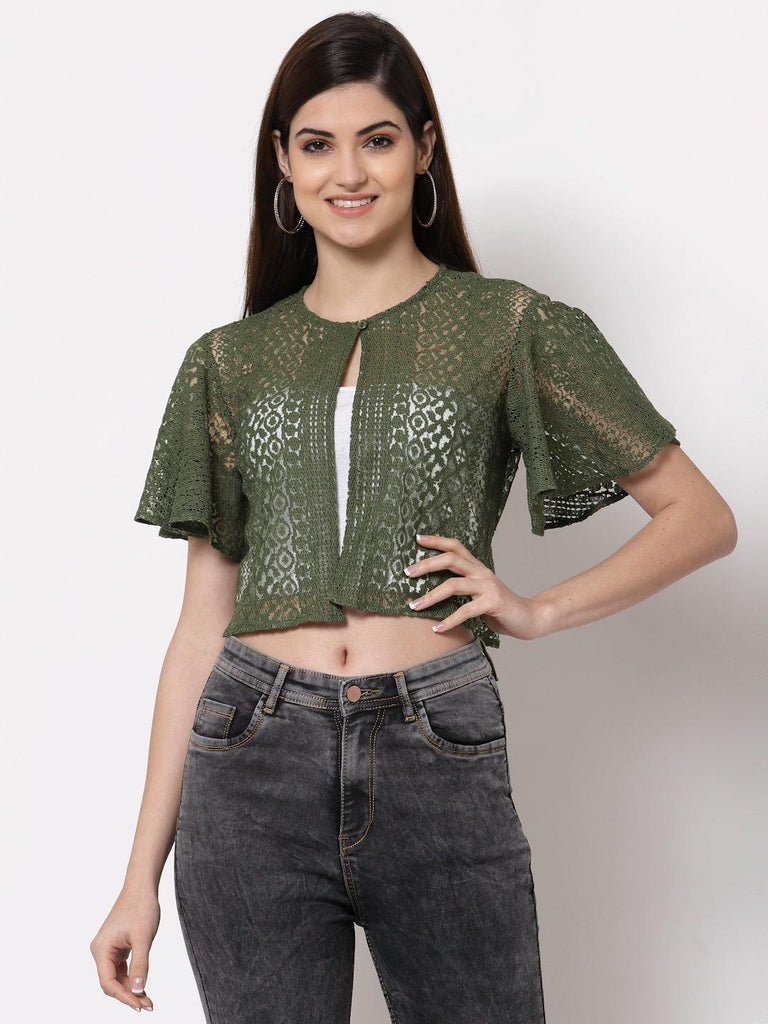 Style Quotient Women Olive Self Design Lace Open Front Smart Casual Shrug-Shrug-StyleQuotient