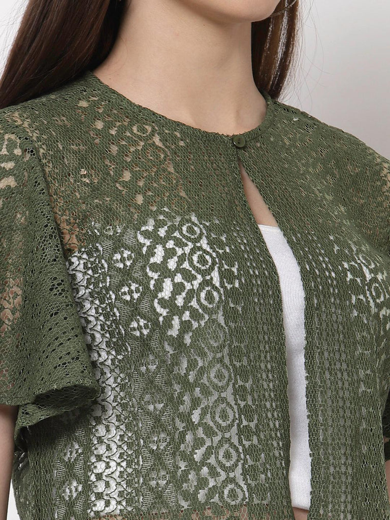 Style Quotient Women Olive Self Design Lace Open Front Smart Casual Shrug-Shrug-StyleQuotient