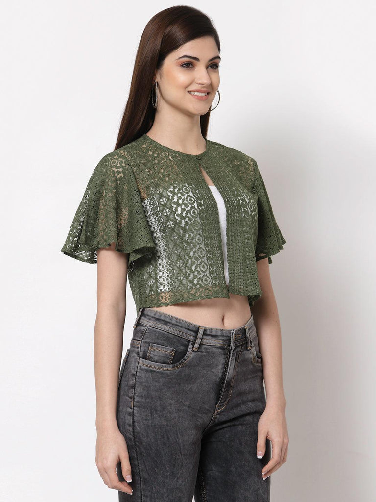 Style Quotient Women Olive Self Design Lace Open Front Smart Casual Shrug-Shrug-StyleQuotient