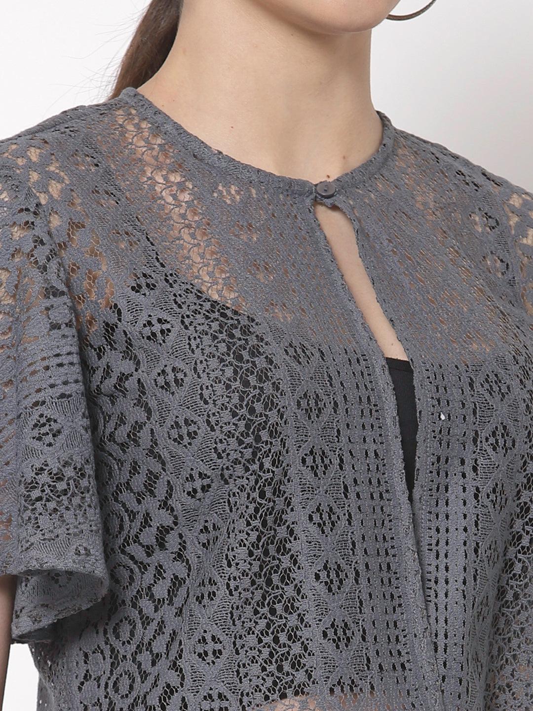 Style Quotient Women Grey Self Design Lace Open Front Smart Casual Shrug-Shrug-StyleQuotient