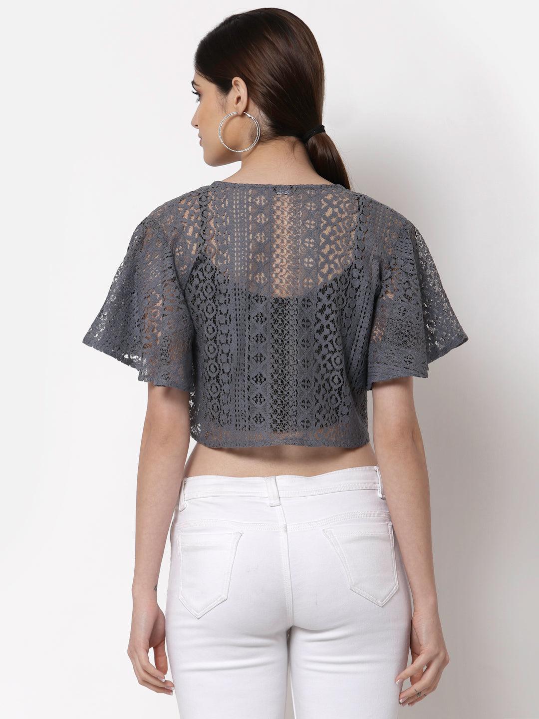 Style Quotient Women Grey Self Design Lace Open Front Smart Casual Shrug-Shrug-StyleQuotient