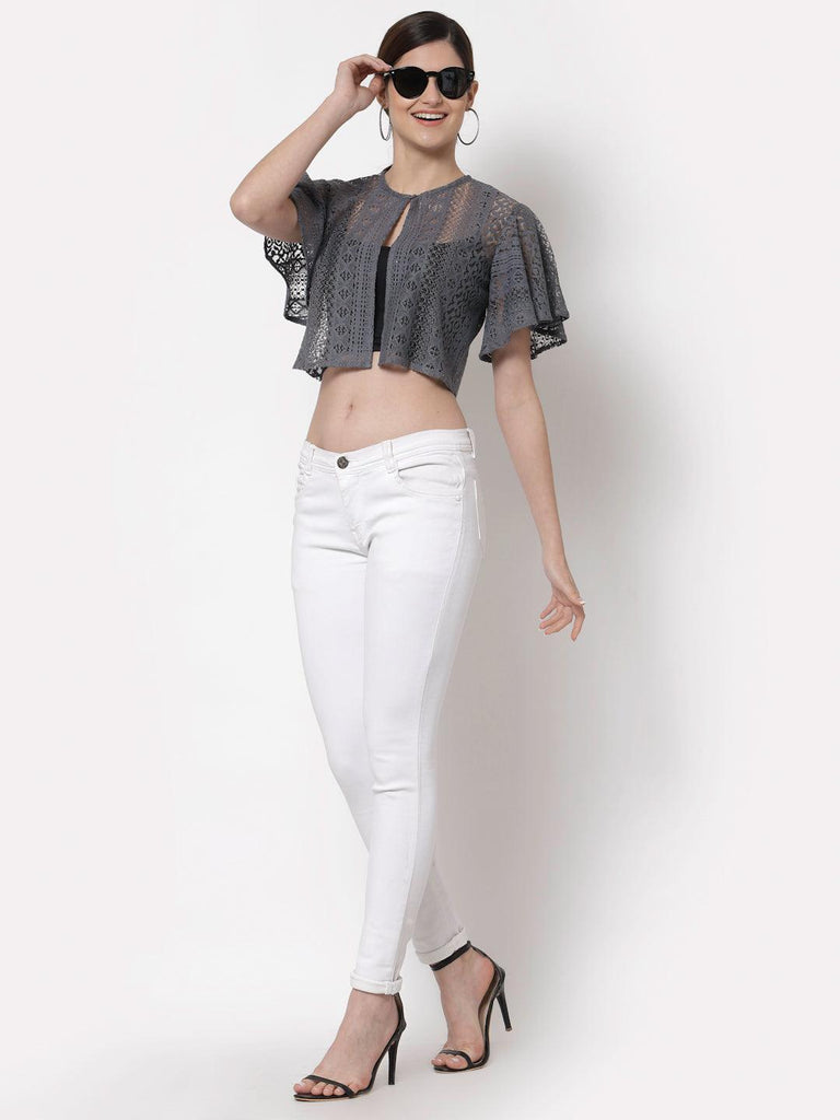 Style Quotient Women Grey Self Design Lace Open Front Smart Casual Shrug-Shrug-StyleQuotient