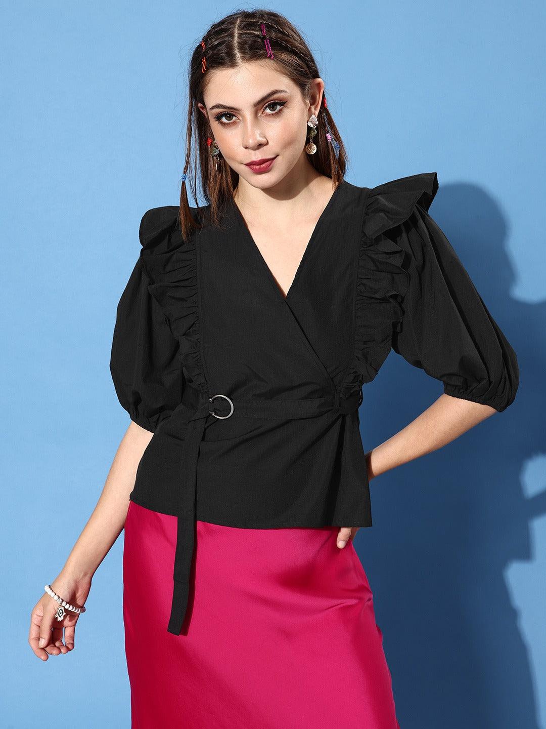 Style Quotient Women Black Ruffles Wrap Top-Tops-StyleQuotient