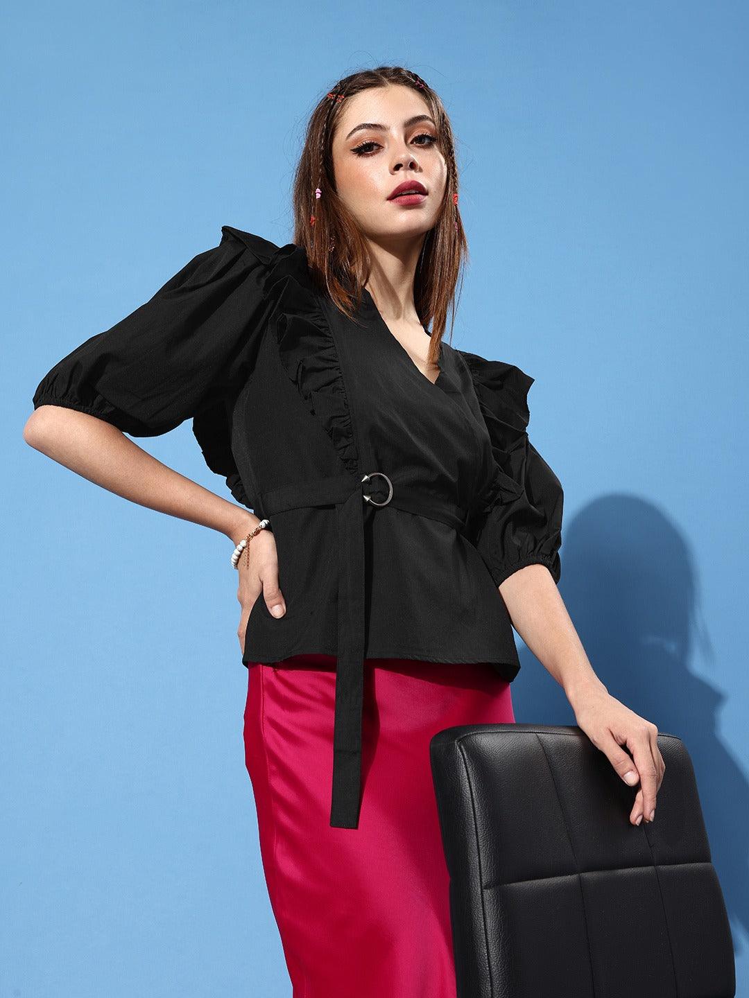 Style Quotient Women Black Ruffles Wrap Top-Tops-StyleQuotient