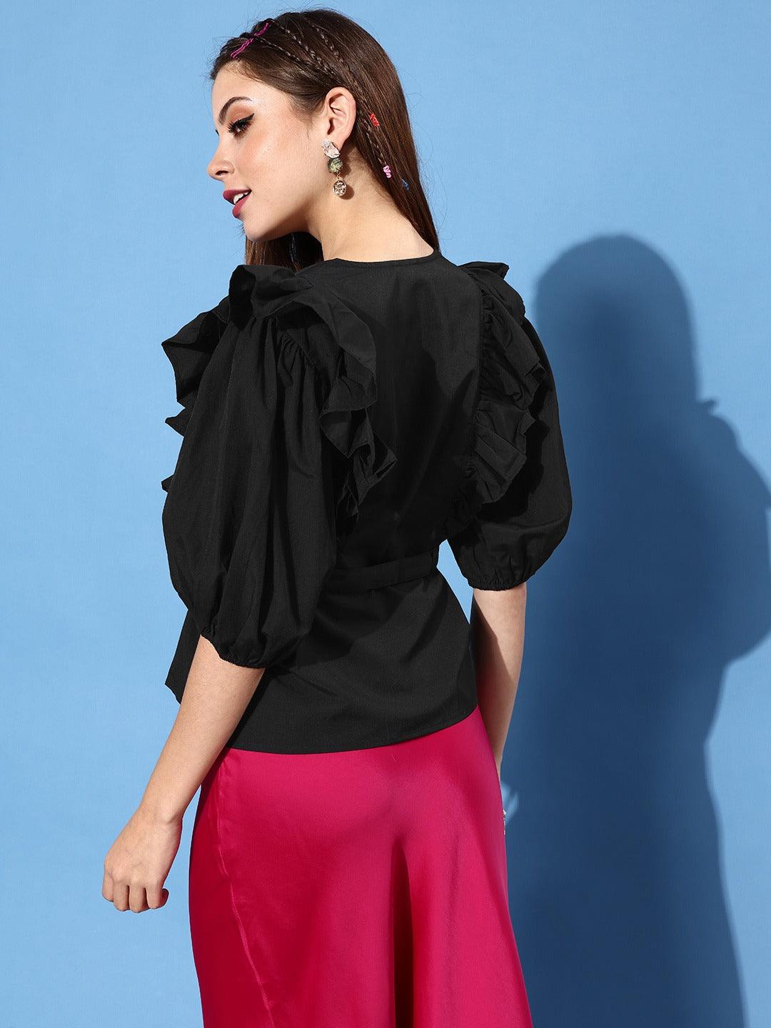 Style Quotient Women Black Ruffles Wrap Top-Tops-StyleQuotient