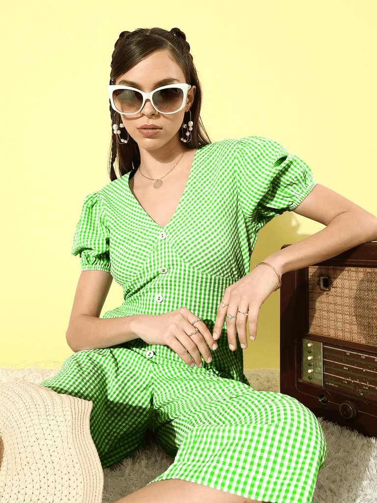 Style Quotient Women Green Checked Jumpsuit-Jumpsuits-StyleQuotient