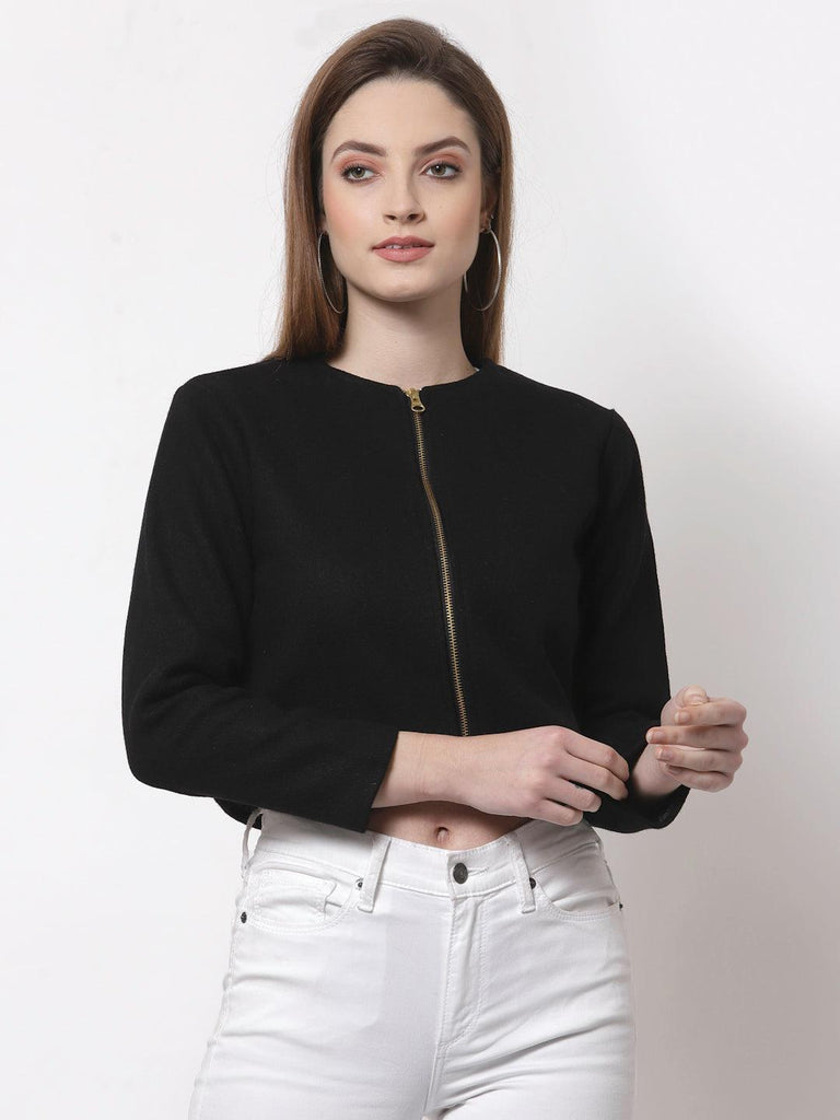 Women Black Crop Woolen Jacket-Jackets-StyleQuotient