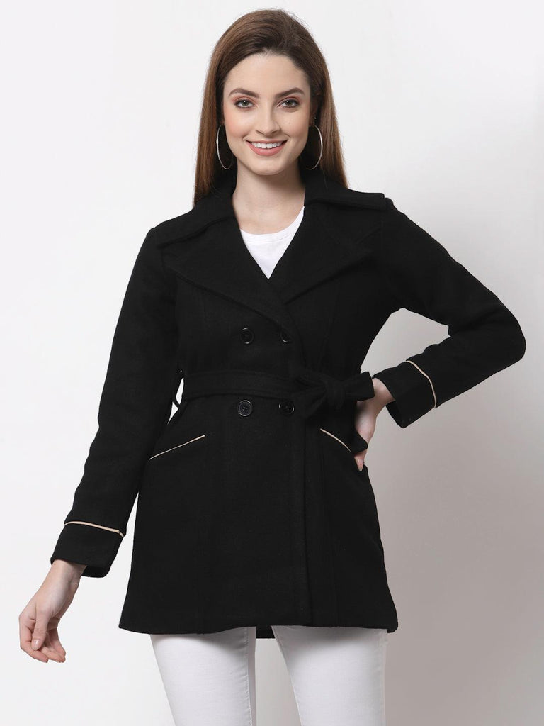 Women Black Solid Woolen Overcoat-Coats & Jackets-StyleQuotient