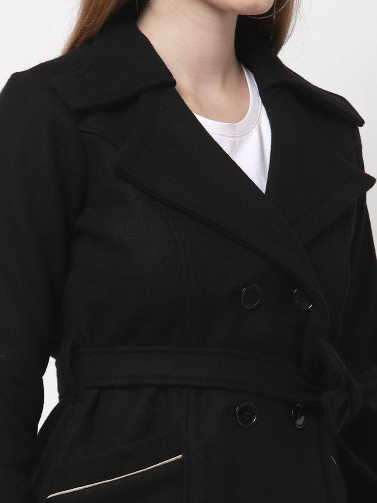 Women Black Solid Woolen Overcoat-Coats & Jackets-StyleQuotient