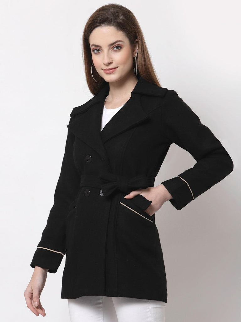 Women Black Solid Woolen Overcoat-Coats & Jackets-StyleQuotient