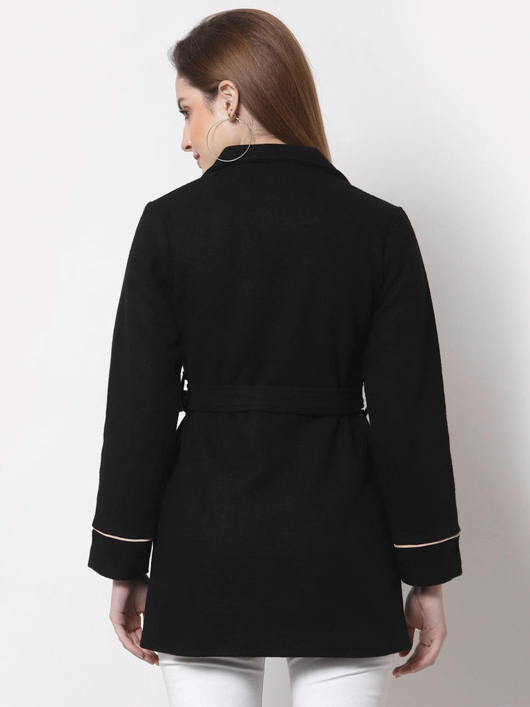 Women Black Solid Woolen Overcoat-Coats & Jackets-StyleQuotient