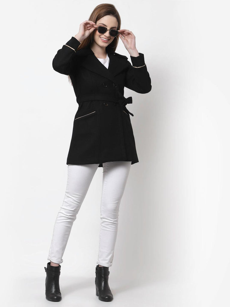 Women Black Solid Woolen Overcoat-Coats & Jackets-StyleQuotient