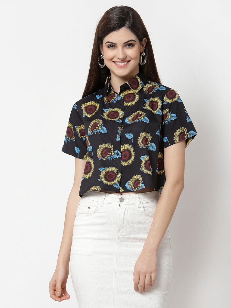Women Black Comfort Boxy Floral Printed Crop Casual Shirt-Shirts-StyleQuotient
