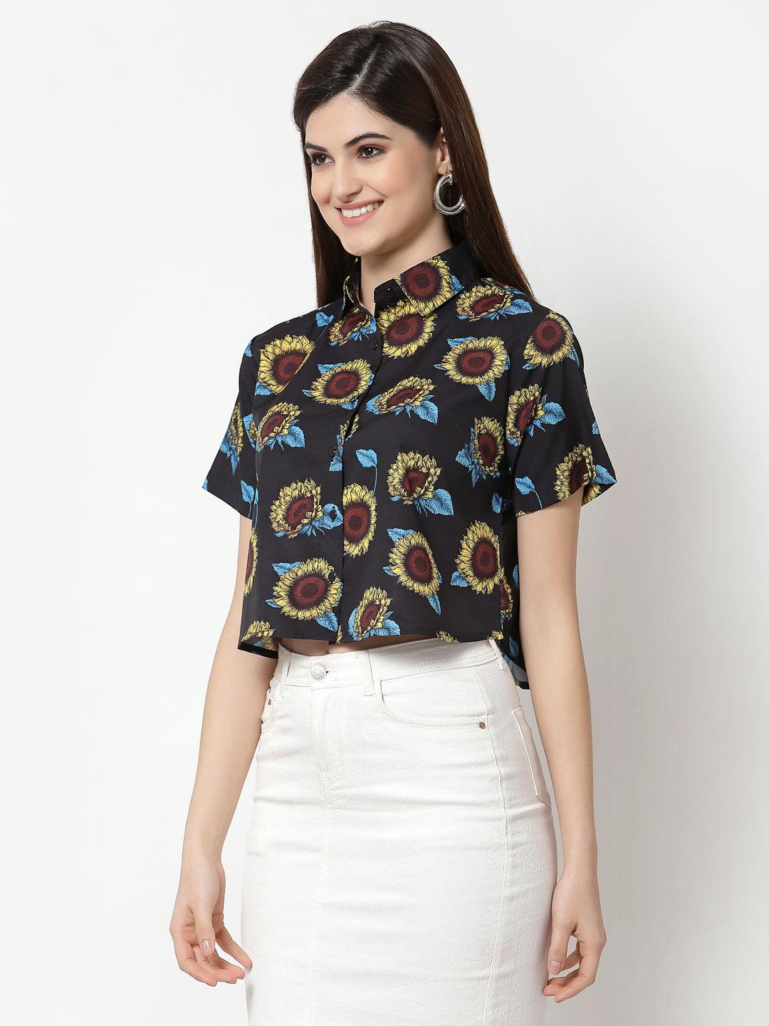 Women Black Comfort Boxy Floral Printed Crop Casual Shirt-Shirts-StyleQuotient