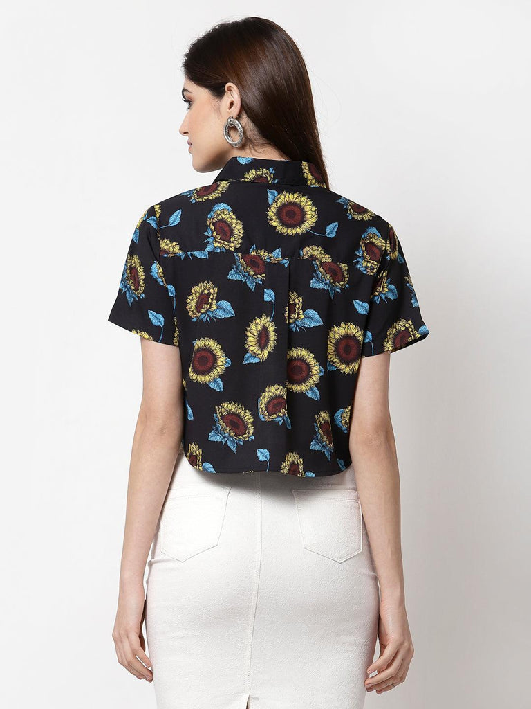 Women Black Comfort Boxy Floral Printed Crop Casual Shirt-Shirts-StyleQuotient